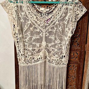 Iris Los Angeles Crochet Knit Tassel Blouse M. Floral mesh with fringe.